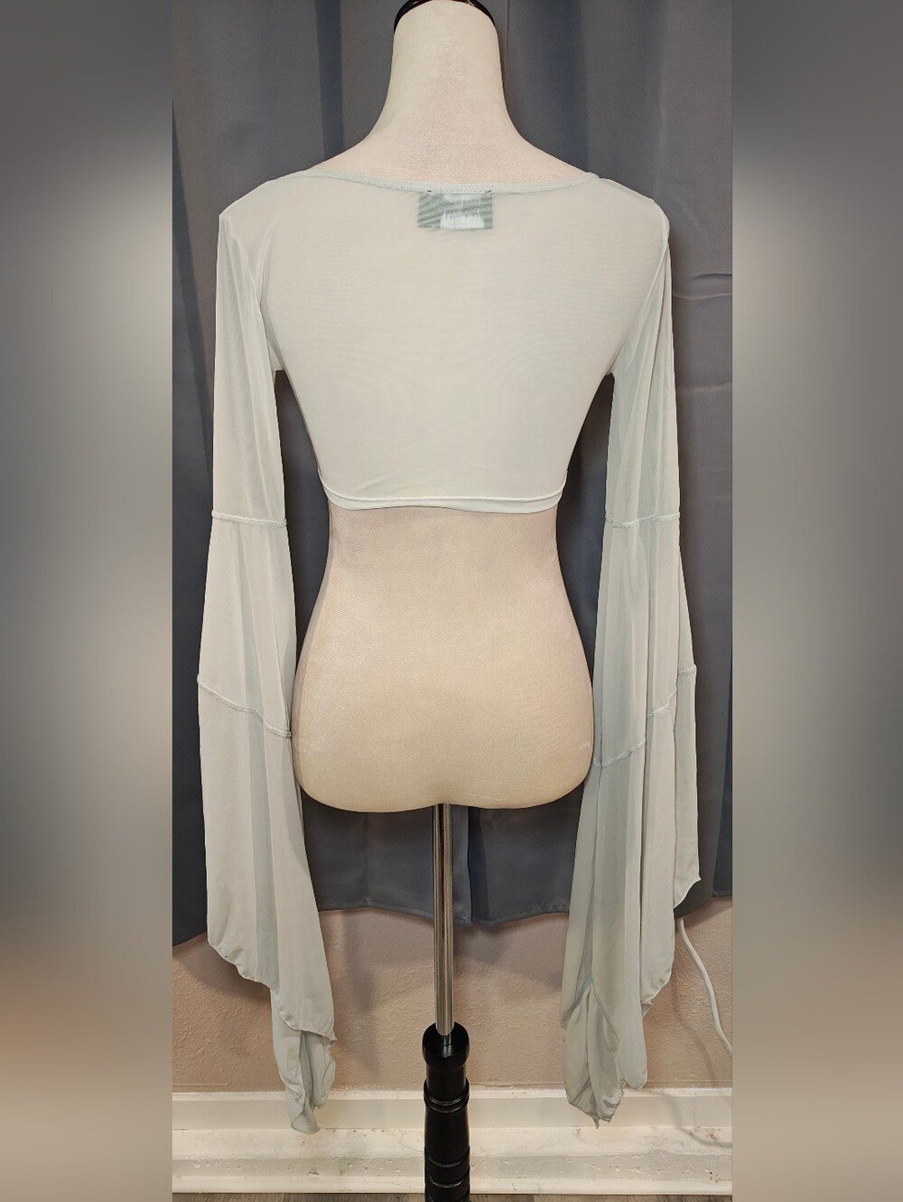 Darker Wavs Sheer Tie Front Festival Crop Top w Dramatic Fairy Bell Sleeves. - Picture 4 of 10